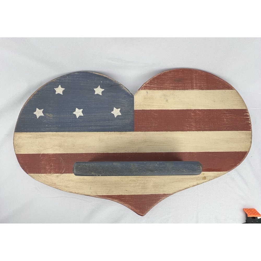 Primitive Americana Heart Wall Shelf Distressed Flag Wood Display Rustic Decor